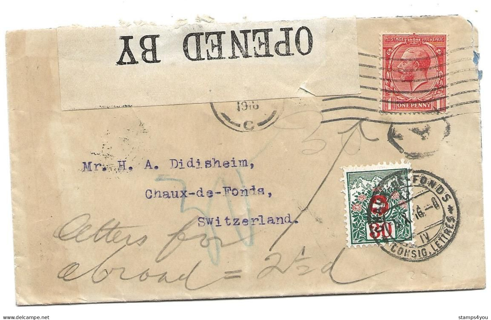 221 - 38 - Enveloppe Envoyée De GB En Suisse 1916 - Censure - Ti9mbre Taxe Suisse - Impuesto