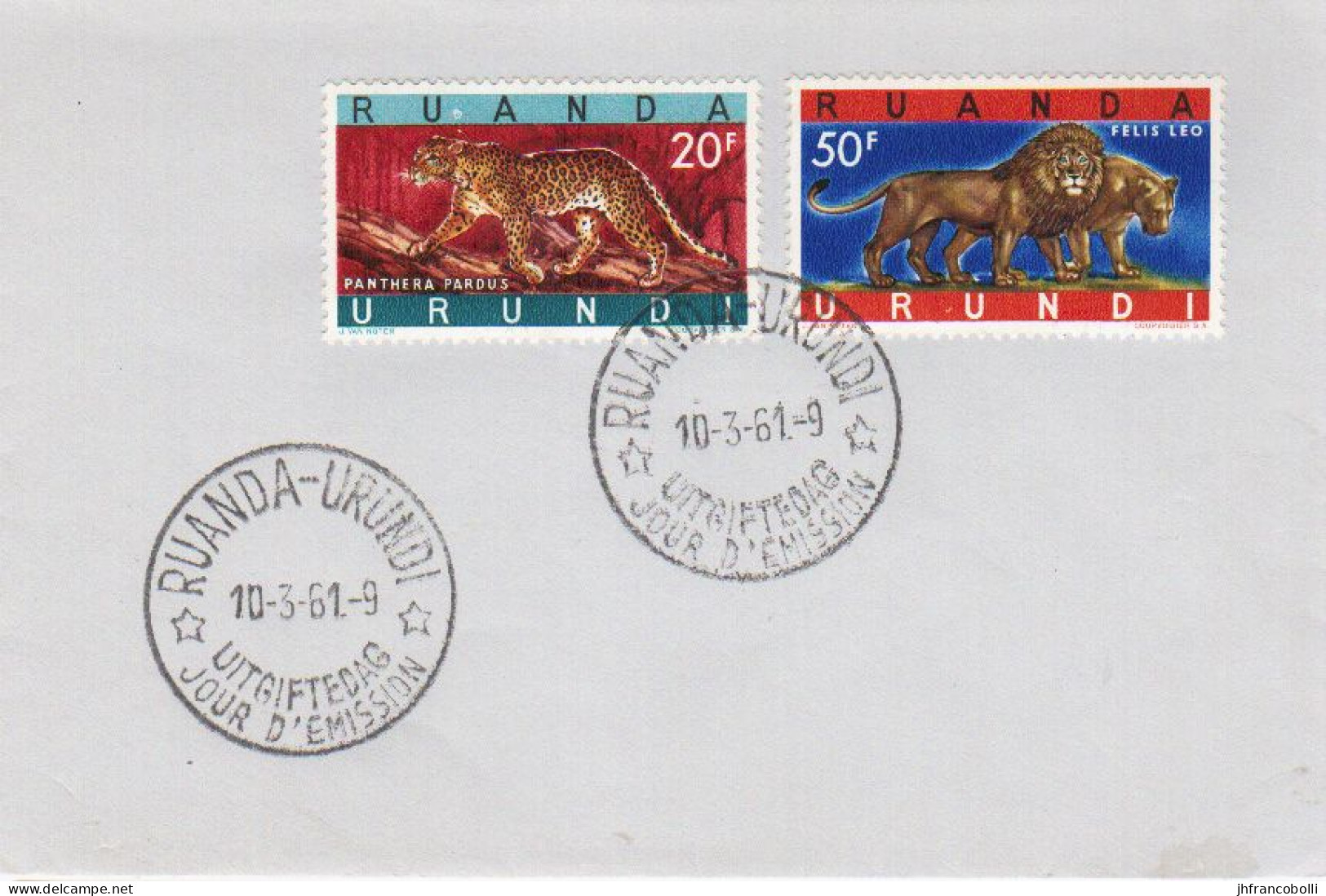 1961 RUANDA-URUNDI RU 216-A / 216-B LEOPARD + LIONS F.D.C. (1-st Day Cover Emitted 10/3/1961) - Ungebraucht