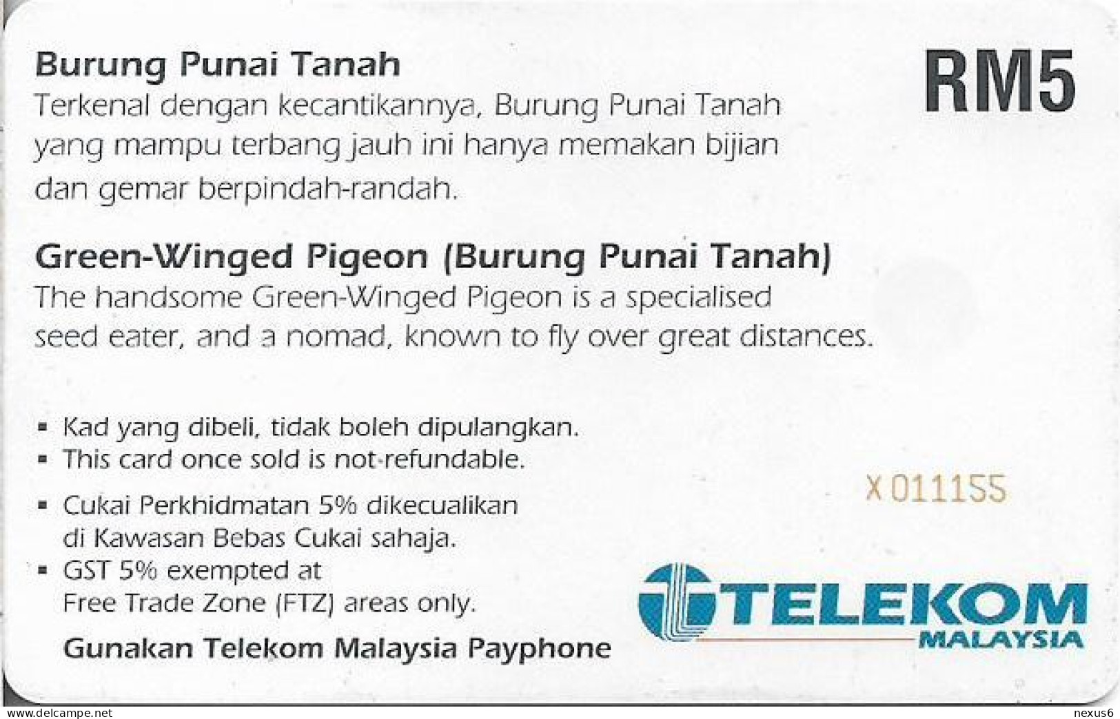 Malaysia - Telekom Malaysia (chip) - Birds - Burung Punai Tanah, Chip SC7, 5RM, Used - Malasia