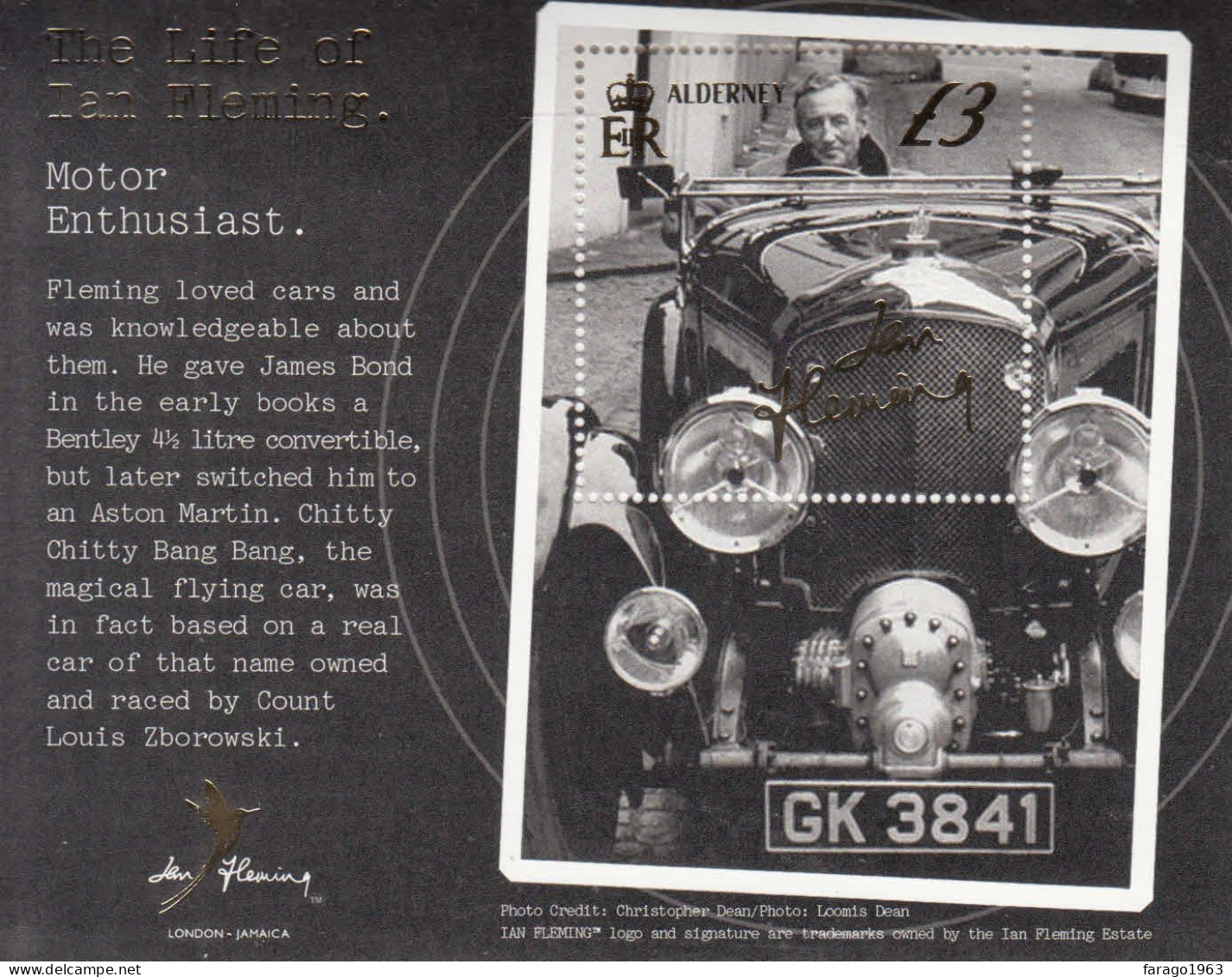 2014 Alderney Ian Fleming Writer Automobiles Literature Souvenir Sheet MNH @ BELOW FACE VALUE - Alderney