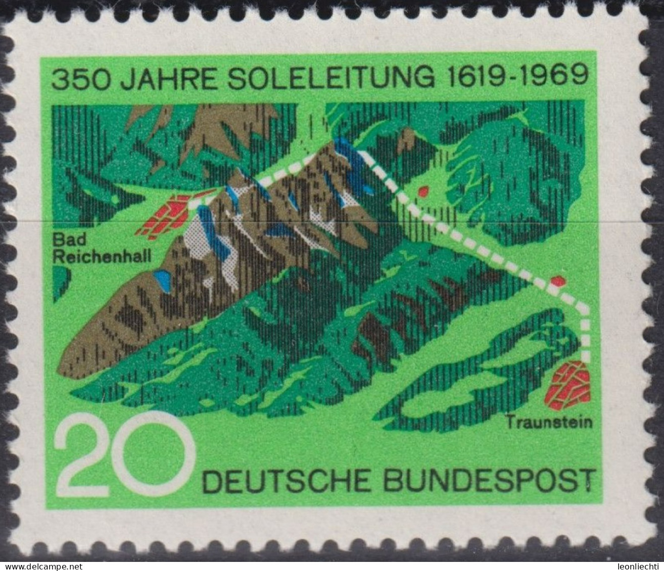 1969 Deutschland > BRD, ** Mi:DE 602, Sn:DE 1009, Yt:DE 465, 350 Jahre Soleleitung, Bad Reichenhall - Traunstein - Fabbriche E Imprese