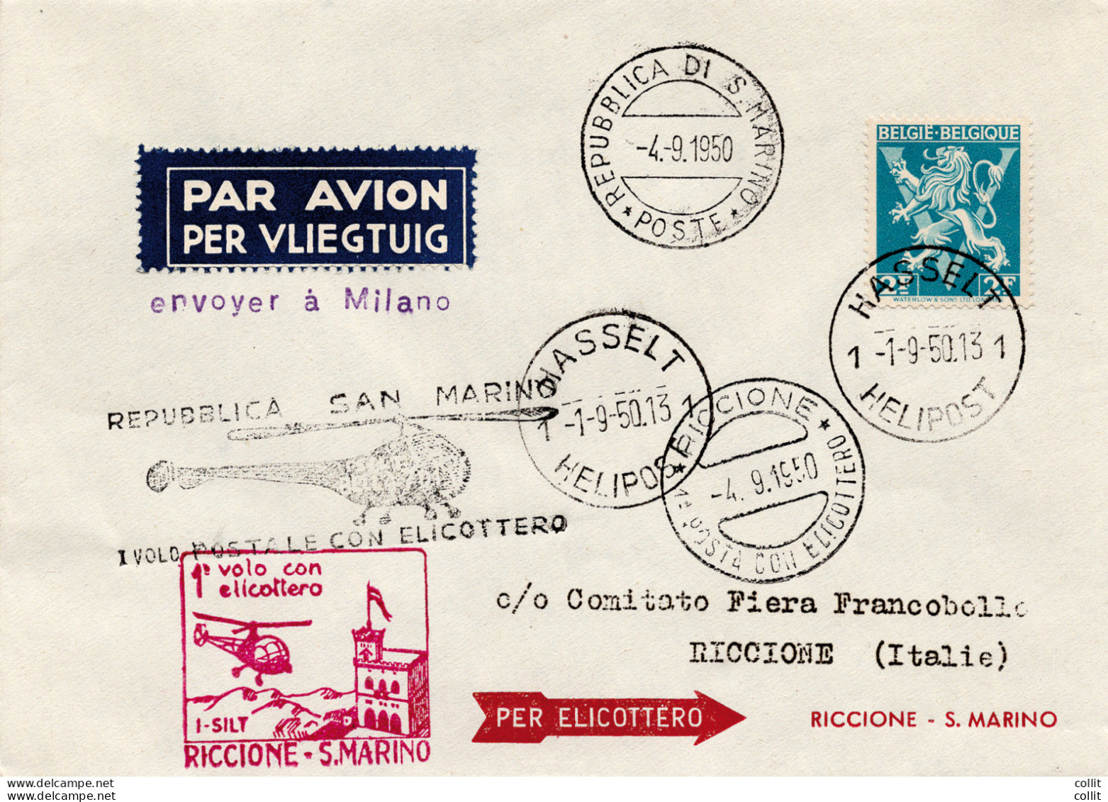 Elicottero (Hassel Belgio) Riccione/San Marino Del 4.9.50 - Aerogramma - Poste Aérienne