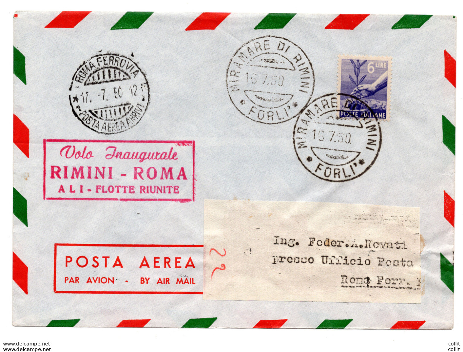 A.L.I. I° Volo Rimini/Roma Del 15.7.50 - Aerogramma Rimini Per Roma - Airmail