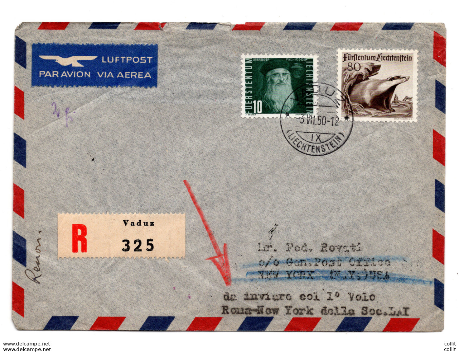 L.A.I. I° Volo (Liechtenstein) Roma/New York Del 5.7.50 - Aerogramma - Airmail