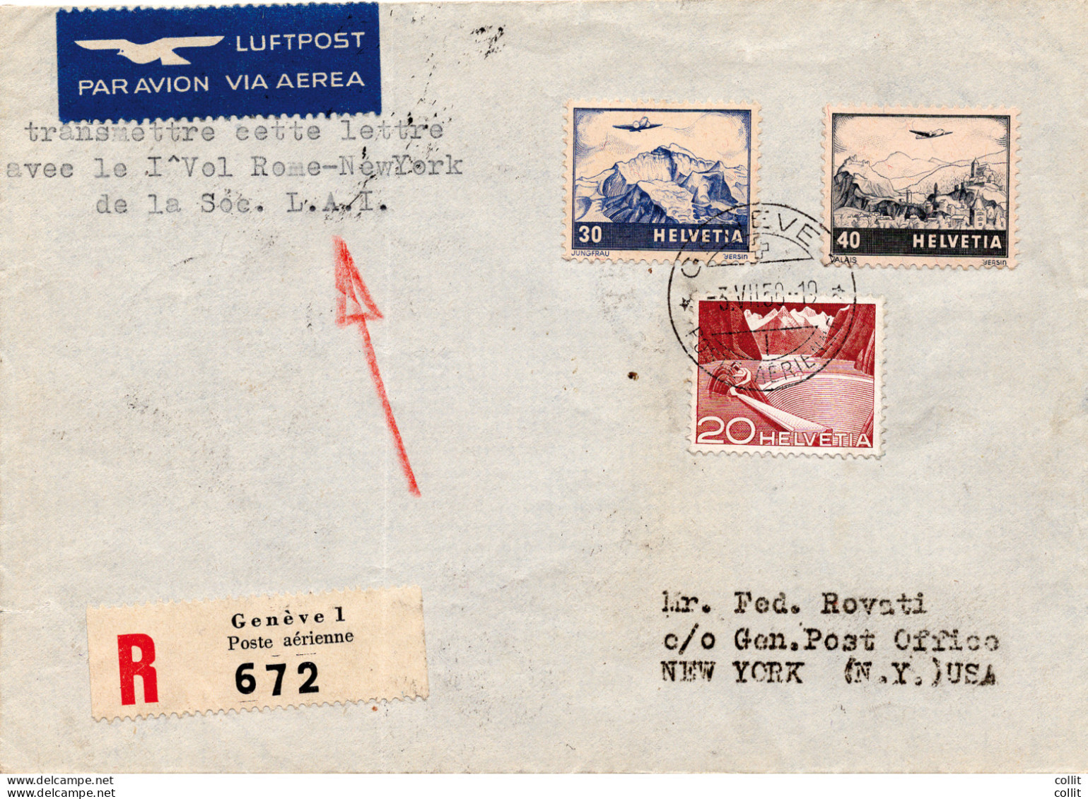 L.A.I. I° Volo (Svizzera) Roma/New York Del 5.7.50 - Aerogramma - Airmail