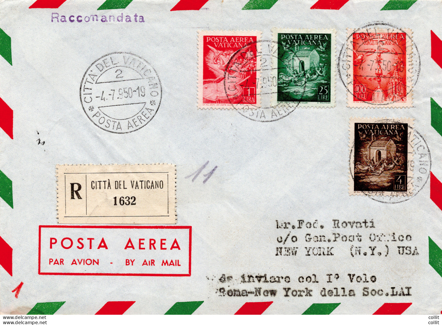 L.A.I. I° Volo (Vaticano) Roma/New York Del 5.7.50 - Aerogramma Racc. - Poste Aérienne