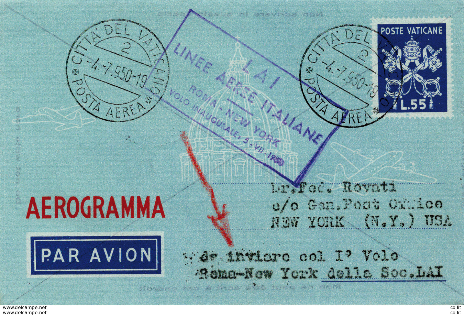 L.A.I. I° Volo (Vaticano) Roma/New York Del 5.7.50 - Aerogramma - Airmail