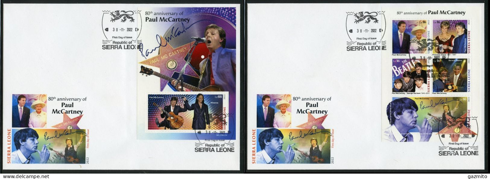 Sierra Leone 2022, Music, McCartney, 5val In BF+BF In 2FDC - Cantantes
