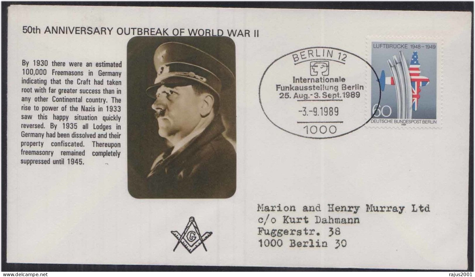 Outbreak Of World War II Nazi Rudolf Hitler, Grand Lodge Of Germany, Freemasonry, Masonic Limited Edition Cover - Franc-Maçonnerie