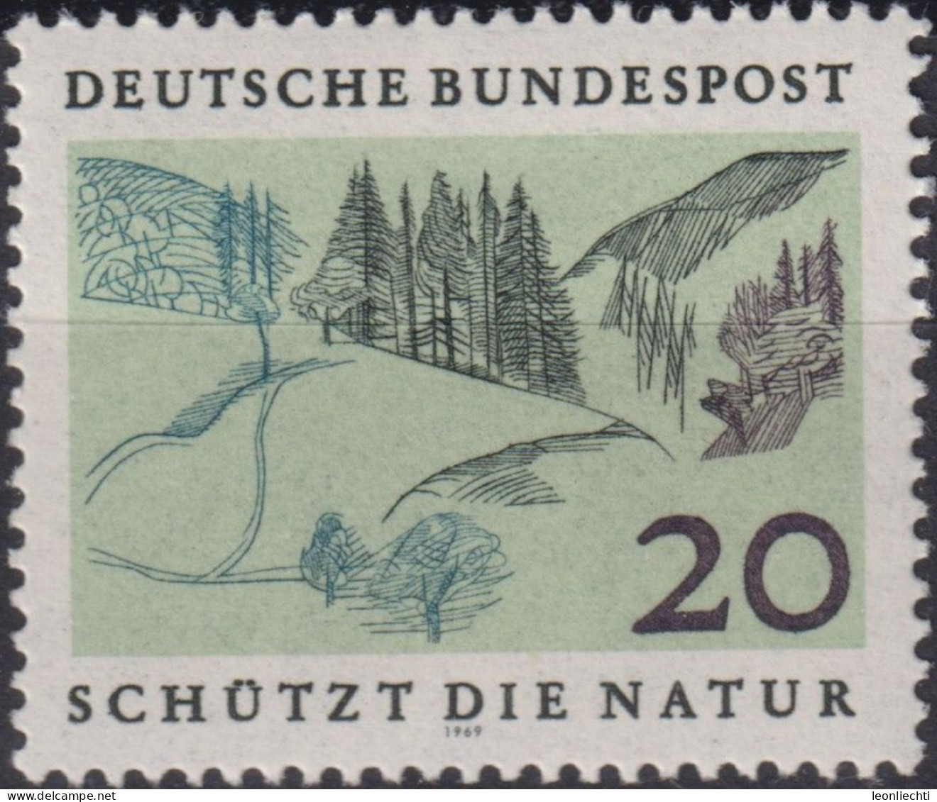 1969 Deutschland > BRD, ** Mi:DE 592, Sn:DE 1001, Yt:DE 455, Mittelgebirge, Europäisches Naturschutzjahr - Milieubescherming & Klimaat