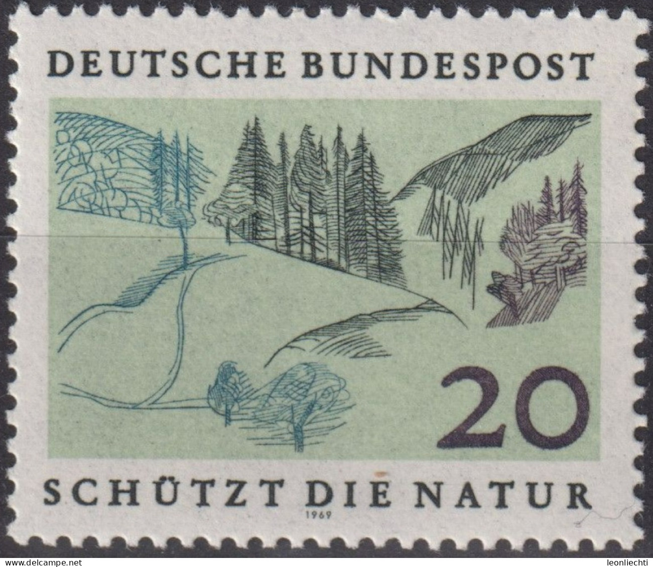 1969 Deutschland > BRD, ** Mi:DE 592, Sn:DE 1001, Yt:DE 455, Mittelgebirge, Europäisches Naturschutzjahr - Milieubescherming & Klimaat