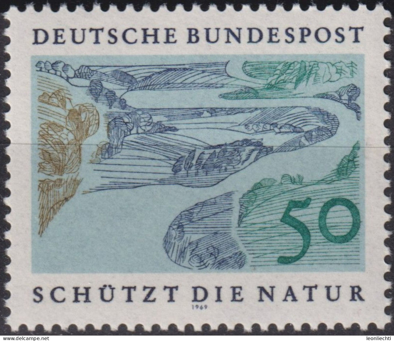 1969 Deutschland > BRD, ** Mi:DE 594, Sn:DE 1003, Yt:DE 457, Flusslandschaft, Europäisches Naturschutzjahr - Milieubescherming & Klimaat