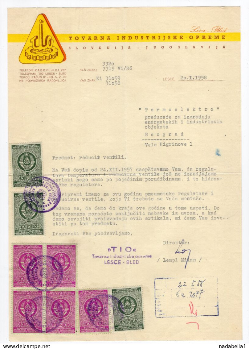 1958. YUGOSLAVIA,SLOVENIA,LESCE,BLED,TIO,TOVARNA IND. OPREME,LETTERHEAD,LETTER TO BELGRADE,8 REVENUE,TAX STAMPS - Storia Postale