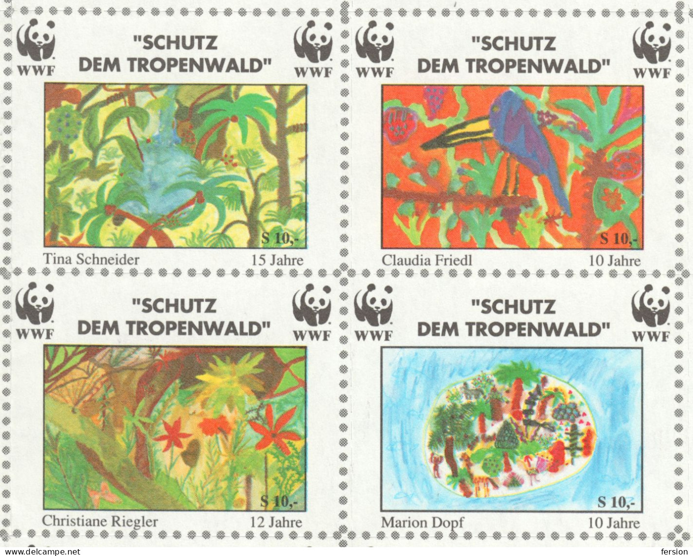 WWF W.W.F. Austria 1991 charity LABEL CINDERELLA VIGNETTE - mole parrot crocodile lion frog monkey elephant butterfly