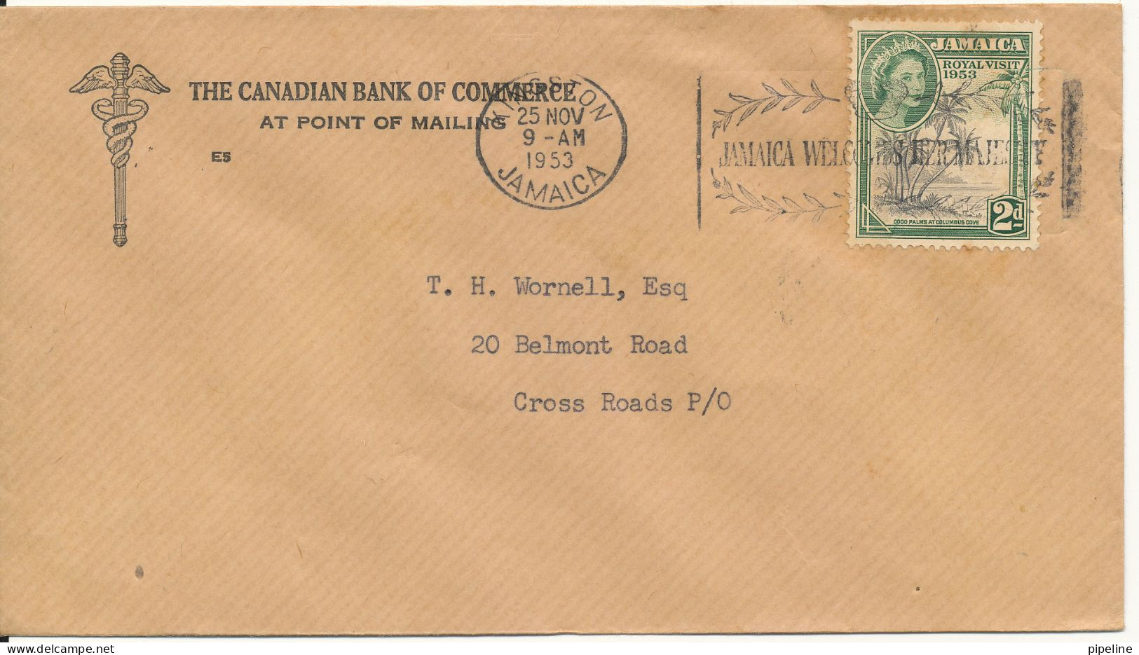 Jamaica Cover Kingston 25-11-1953 Single Franked - Jamaica (...-1961)