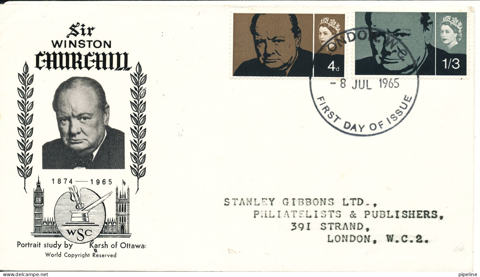 Great Britain FDC 8-7-1965 Sir Winston Churchill Complete Set Of 2 With Cachet - 1952-1971 Pre-Decimal Issues