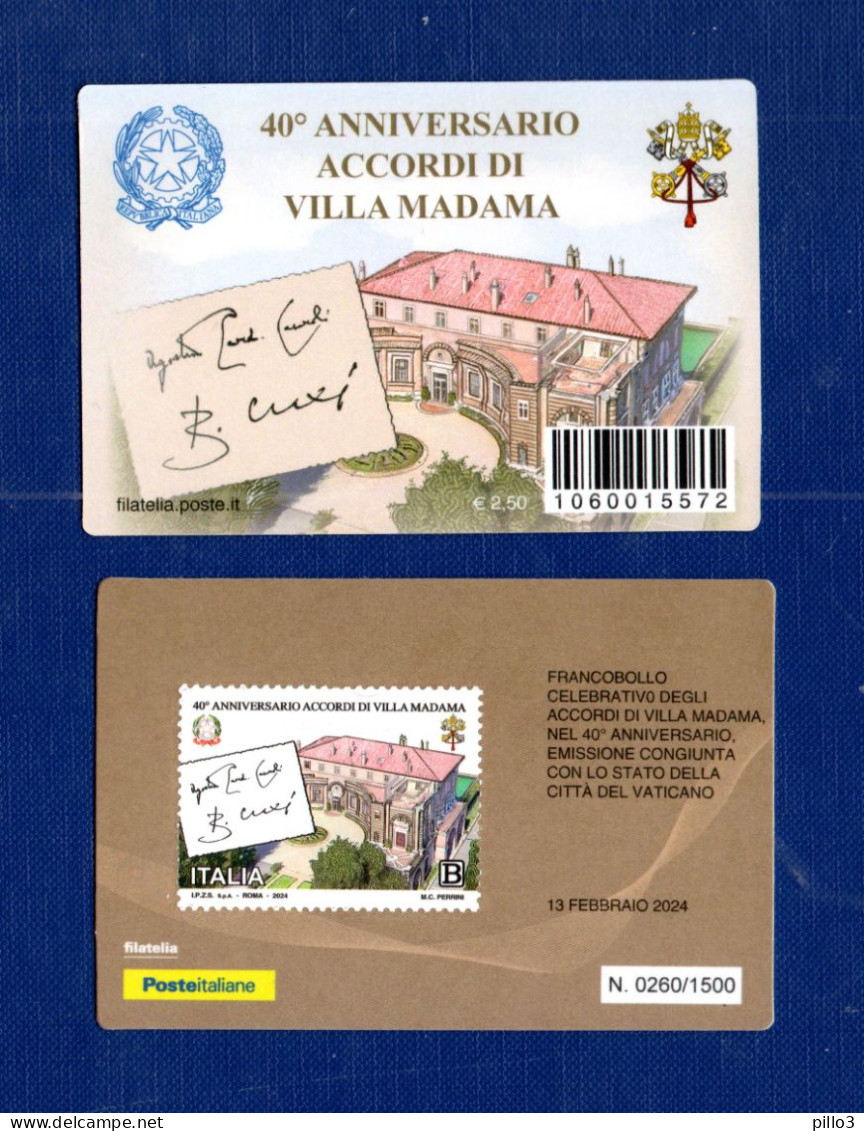ITALIA :  Tessera Filatelica - 40°  Degli  Accordi Di Villa Madama -  13.02.2024 - Tessere Filateliche