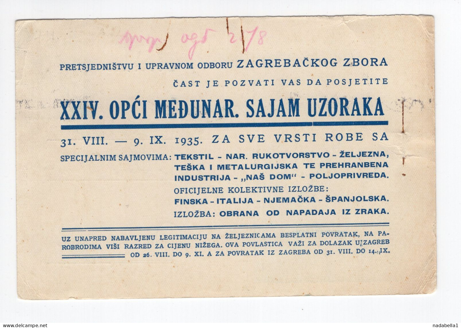 1935. KINGDOM OF YUGOSLAVIA,CROATIA,ZAGREB,FAIR,CORRESPONDENCE CARD,USED TO BELGRADE - Yougoslavie