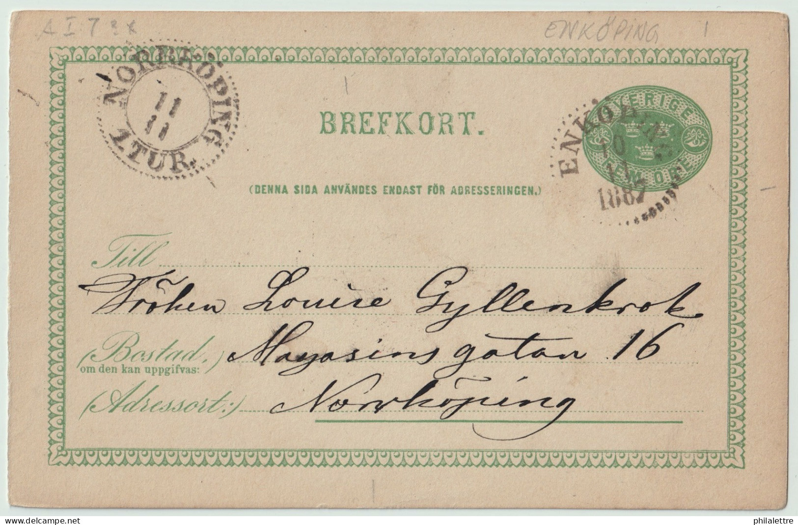 SUÈDE / SWEDEN - 1887 - "ENKÖPING" CDS On 5ö Postal Card Mi.P6.I Addressed To Norköping - Covers & Documents