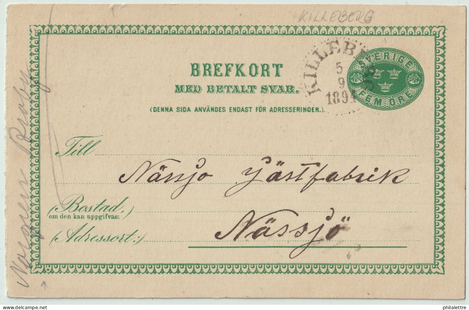 SUÈDE / SWEDEN - 1894 - "KILLEBERG" CDS On 5ö Postal Card Mi.P12aF Addressed To Nässjö - Briefe U. Dokumente