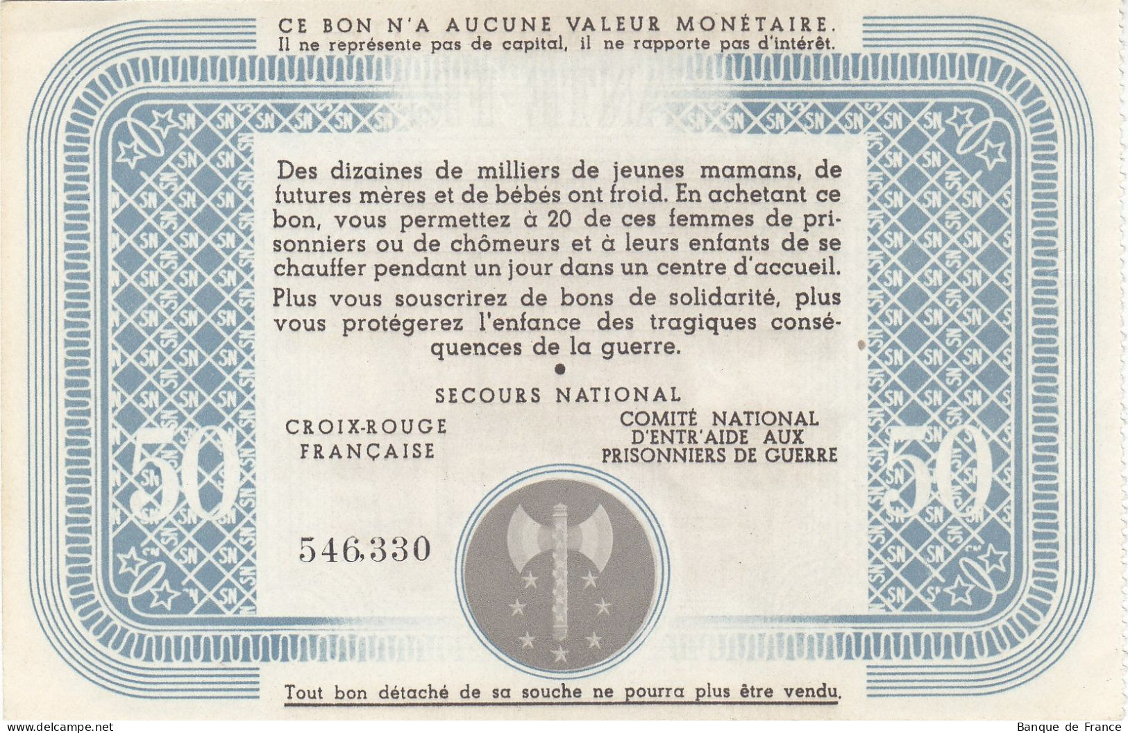 Bon De Solidarité France 50 Francs - Pétain 1941 / 1942 KL.09 NEUF - Notgeld