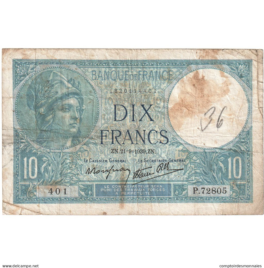 France, 10 Francs, Minerve, 1939, P.72805, TB, Fayette:07.08, KM:84 - 10 F 1916-1942 ''Minerve''