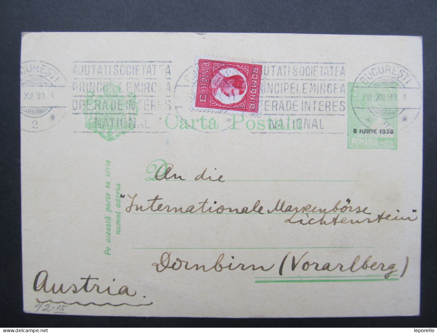 GANZSACHE Bucuresti - Dornbirn 1930  // D*58796 - Lettres & Documents