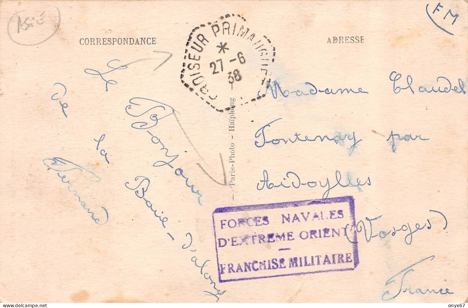 TONKIN-ASIE-ASIA-ASIEN-Cachet Tampon-Bâteau-Croiseur PRIMAUGUET-Forces Navales D'extrême Orient Franchise Postale 1938 - Ships