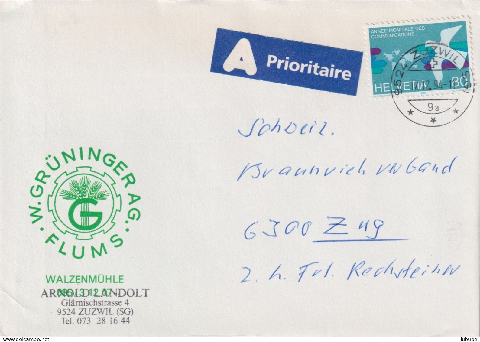 Motiv Brief  "Grüninger, Walzenmühle, Flums"        1994 - Storia Postale