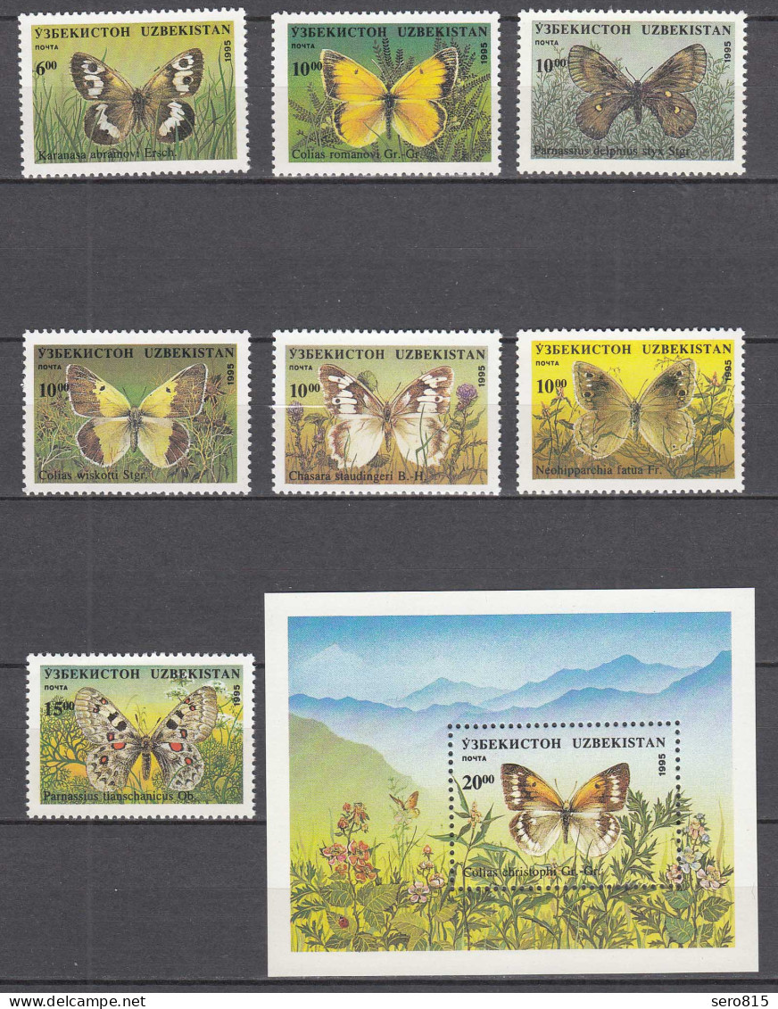 USBEKISTAN-UZBEKISTAN 1995 Mi.85-91 + Block 9 ** MNH Schmetterlinge Butterflies - Ouzbékistan