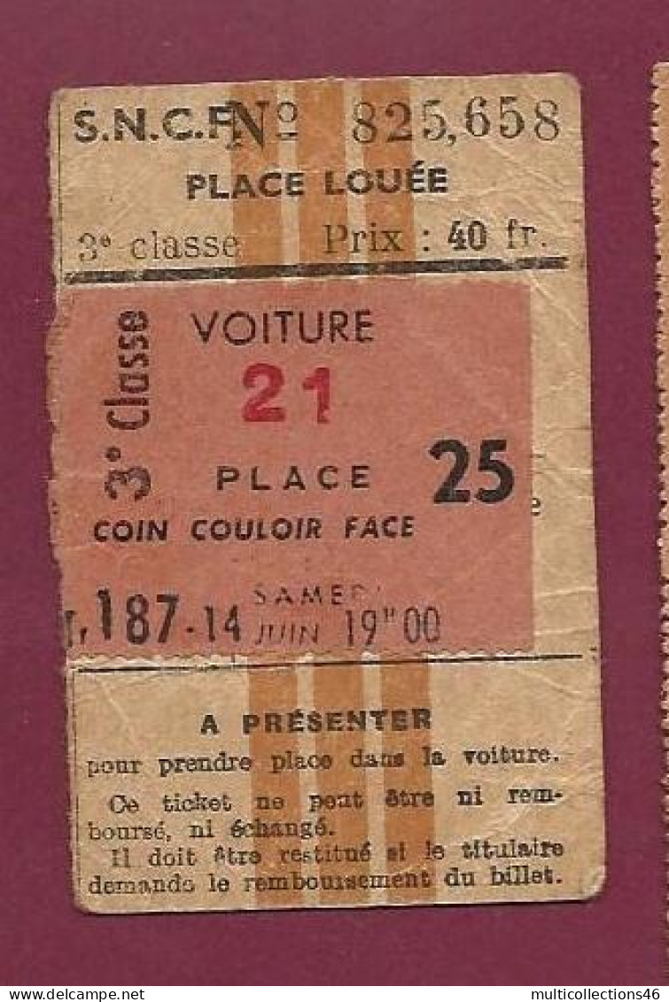 050324 - TICKET TRANSPORT CHEMIN DE FER - FRANCE SNCF Place Louée 3e Cl Place N°25 40 Frs - N°825.658 - Europa