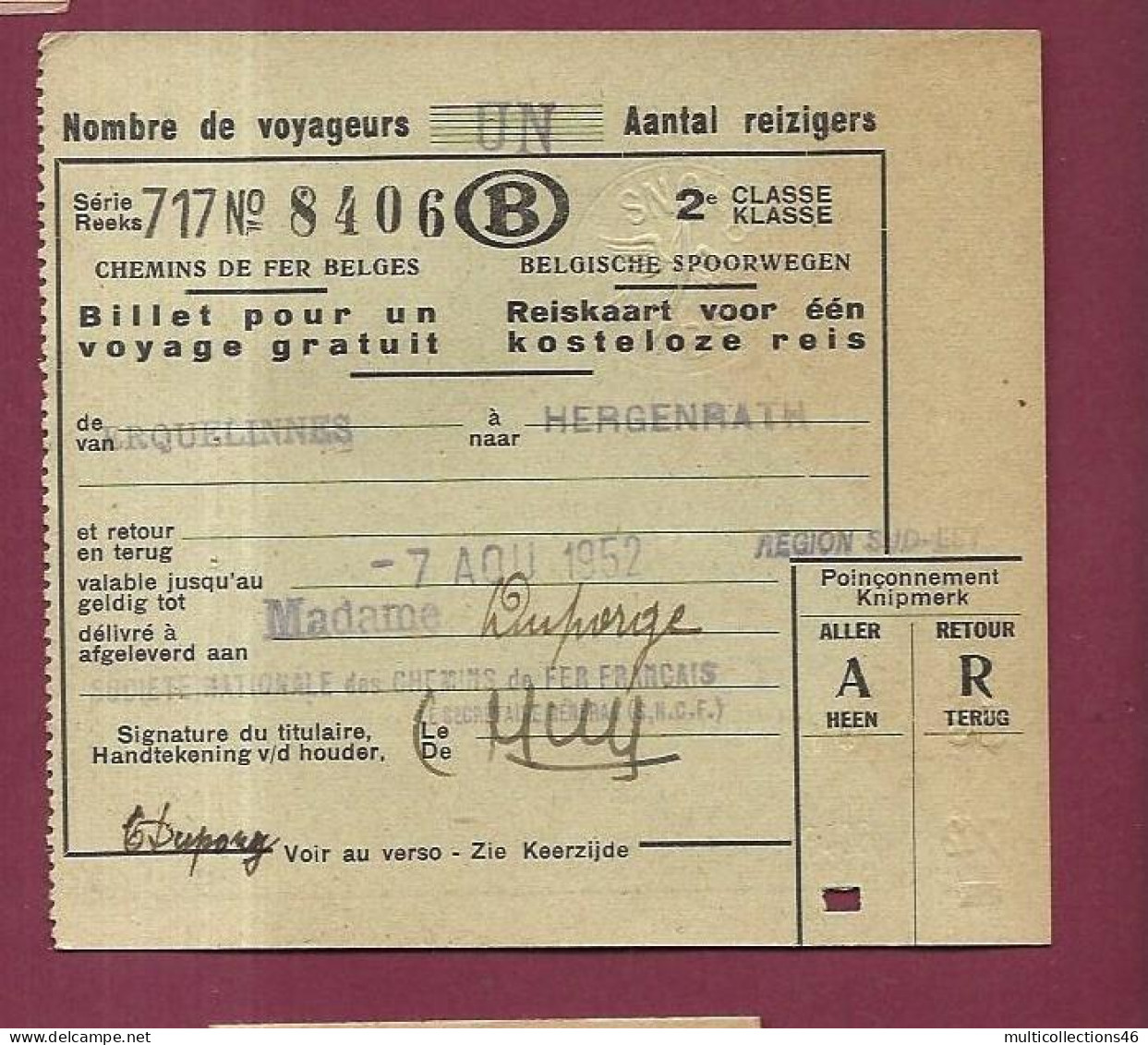 050324 - TICKET TRANSPORT CHEMIN DE FER - BELGIQUE 1952 Série 717 N°8406 B 2e Cl ERQUELINNES HERGENRATH - Europe