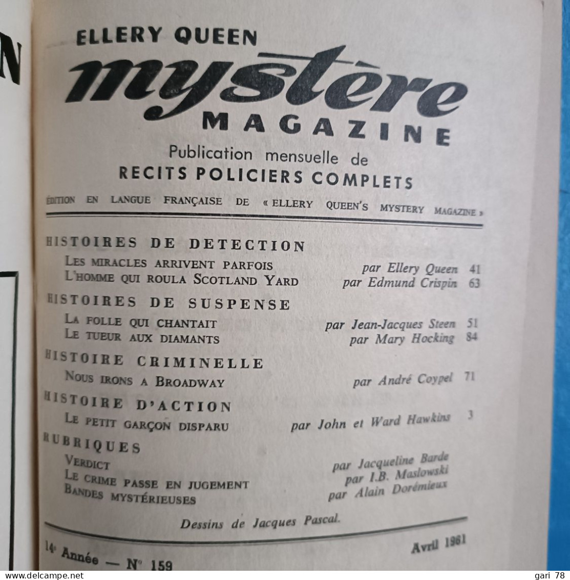 ELLERY QUEEN  MYSTERE-MAGAZINE  N° 159 Quuen / Hawkins / Steen / Crispin / - Opta - Ellery Queen Magazine