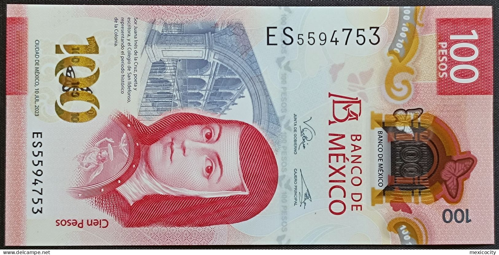 MEXICO $100 ! SERIES ES 10-July-2023 DATE ! Victoria R. Sign. SOR JUANA POLYMER NOTE Mint BU Crisp Read Descr. For Notes - Mexico
