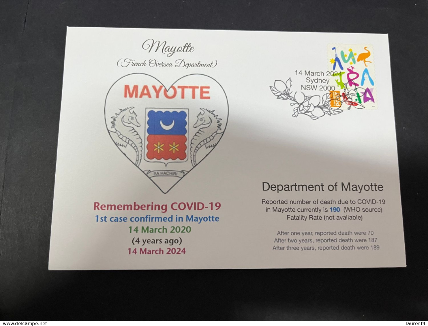 14-3-2024 (3 Y 2) COVID-19 4th Anniversary - Mayotte (French Oversea Department) - 14 March 2024 (with OZ Stamp) - Malattie