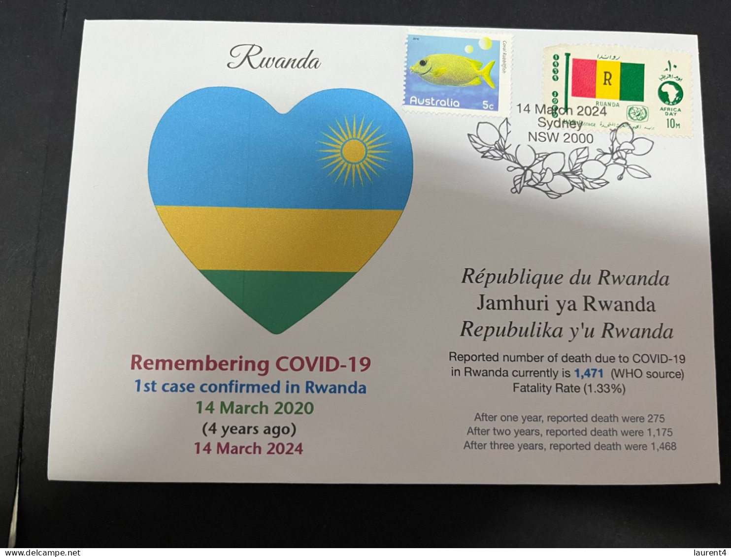 14-3-2024 (3 Y 2) COVID-19 4th Anniversary - Rwanda - 14 March 2024 (with Rwanda Football Flag Stamp) - Malattie