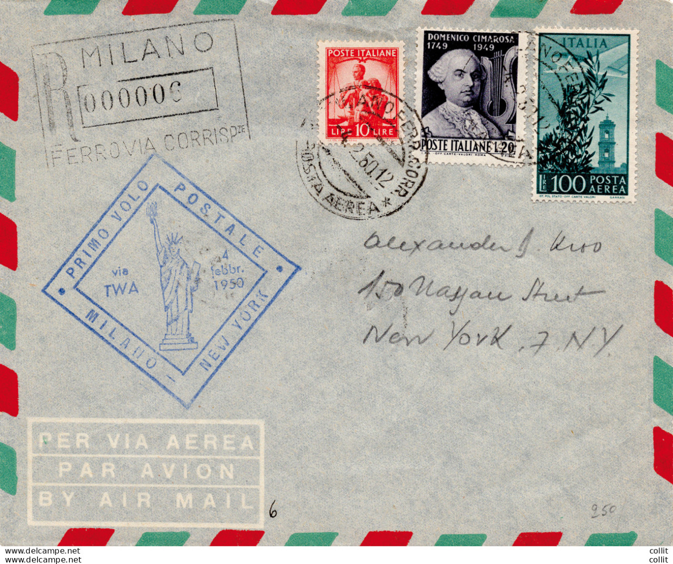 T.W.A. I° Volo Milano/New York Del 4.2.50 - Poste Aérienne