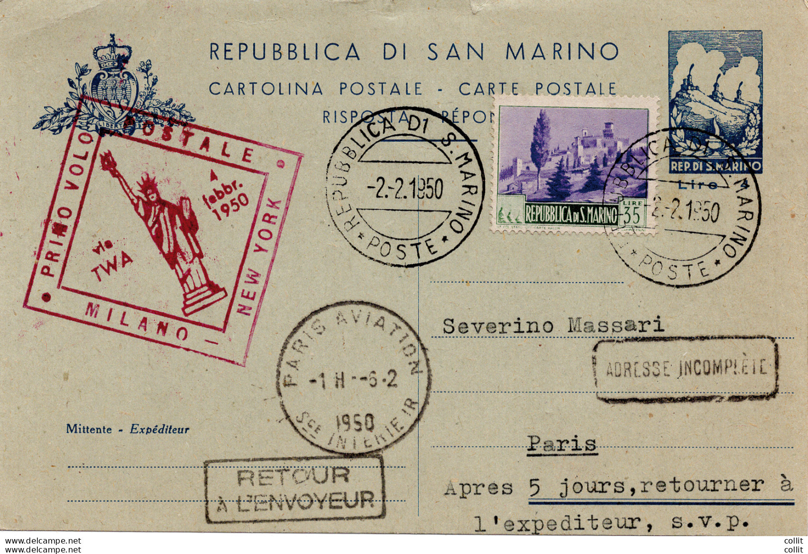 T.W.A. I° Volo (San Marino) Milano/Parigi Del 4.2.50 - Poste Aérienne