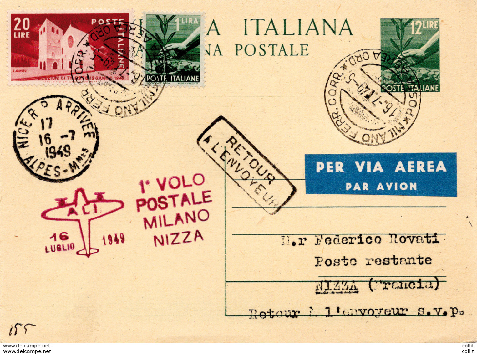 A.L.I. I° Volo Milano/Nizza Del 16.7.49 - Cartolina Postale Lire 12 - Luftpost