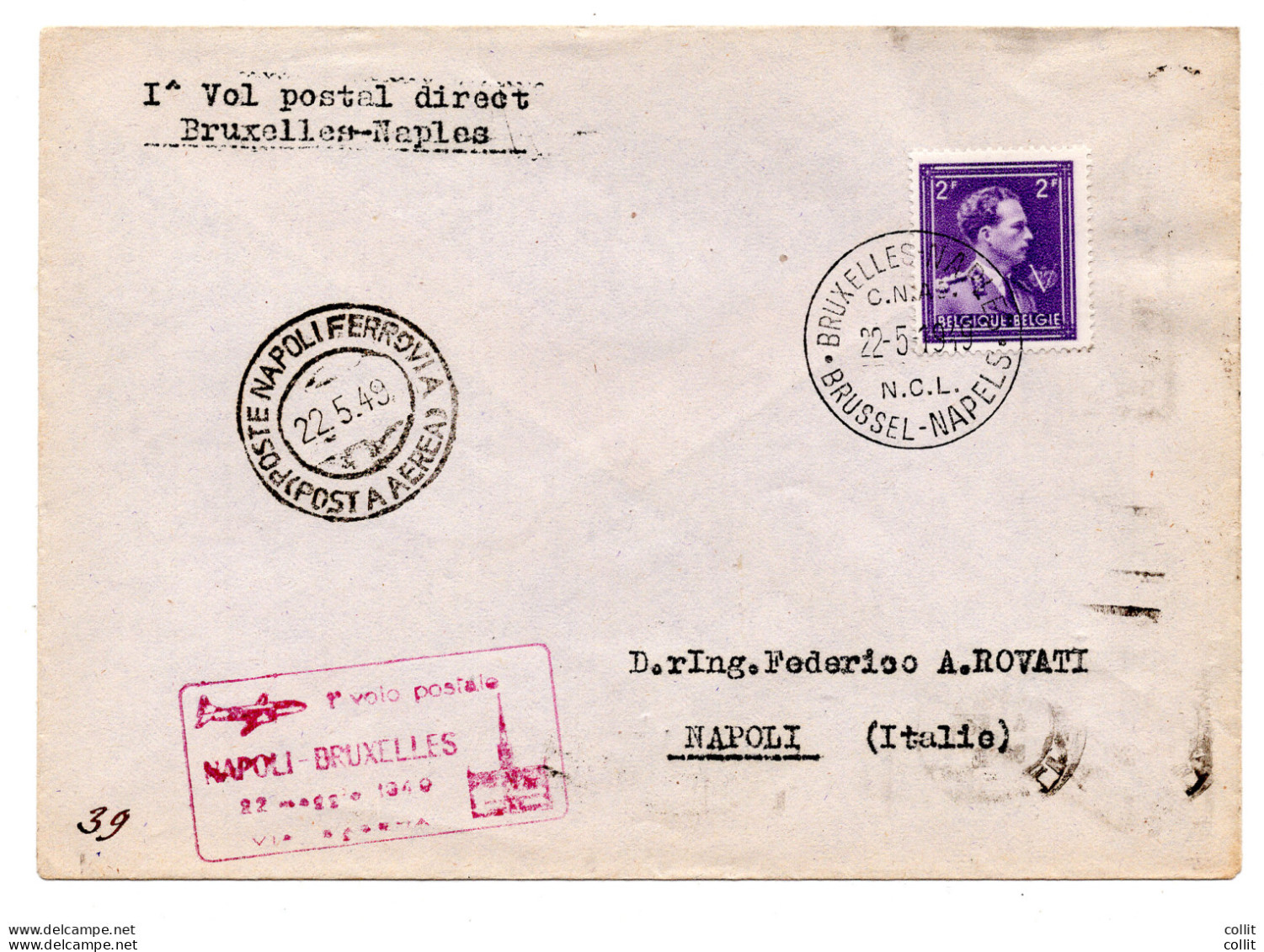 Sabena I° Volo Bruxelles/Napoli Del 22.5.49 - Aerogramma Da Bruxelles - Poste Aérienne