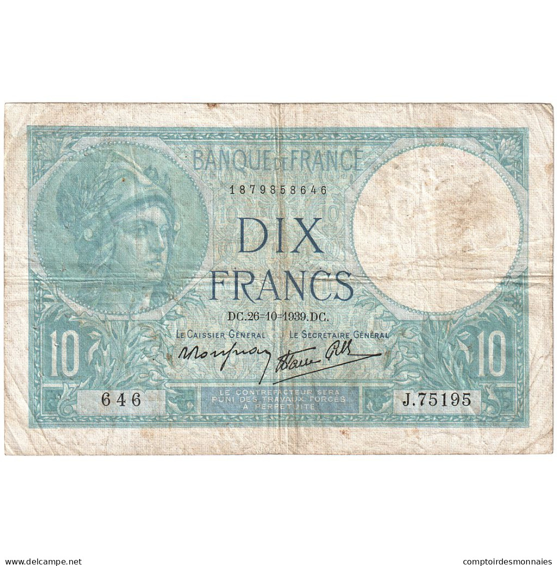 France, 10 Francs, Minerve, 1939, J.75195, TB, Fayette:07.13, KM:84 - 10 F 1916-1942 ''Minerve''