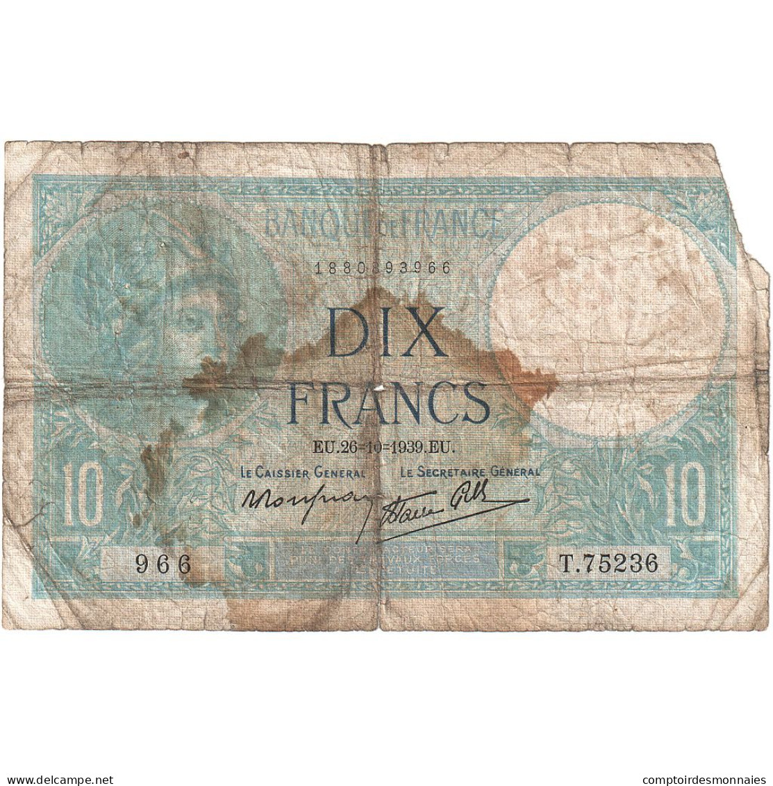 France, 10 Francs, Minerve, 1939, T.75236, AB, Fayette:07.13, KM:84 - 10 F 1916-1942 ''Minerve''