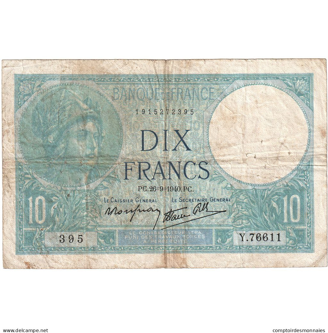 France, 10 Francs, Minerve, 1940, Y.76611, TB, Fayette:07.25, KM:84 - 10 F 1916-1942 ''Minerve''