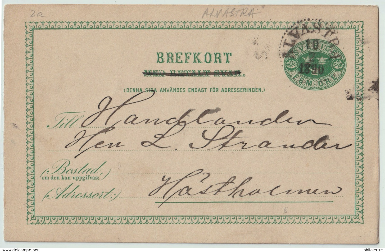 SUÈDE / SWEDEN - 1890 - "ALVASTRA" CDS On 5ö Postal Card Mi.P12aF Addressed To Hästholmen - Cartas & Documentos