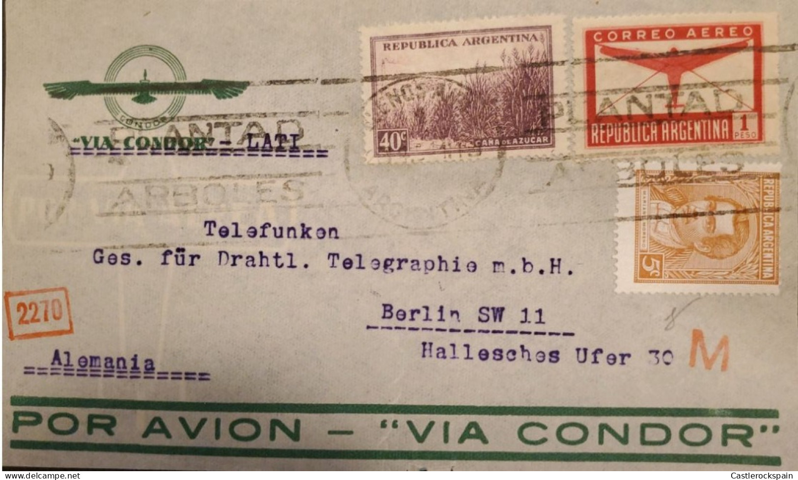 MI) 1936-42, ARGENTINA, AIR MAIL, VIA CONDOR, FROM BUENOS AIRES TO GERMANY, WITH CANCELLATION SLOGAN, MARIANO MORENO STA - Used Stamps