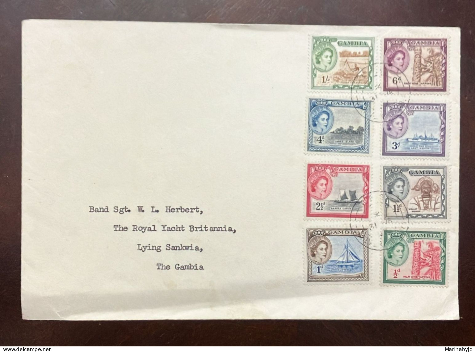 D)1953, GAMBIA, CIRCULATED LETTER WITH QUEEN ELIZABETH II STAMPS, CUSTOM SCENES, XF - Gambie (1965-...)