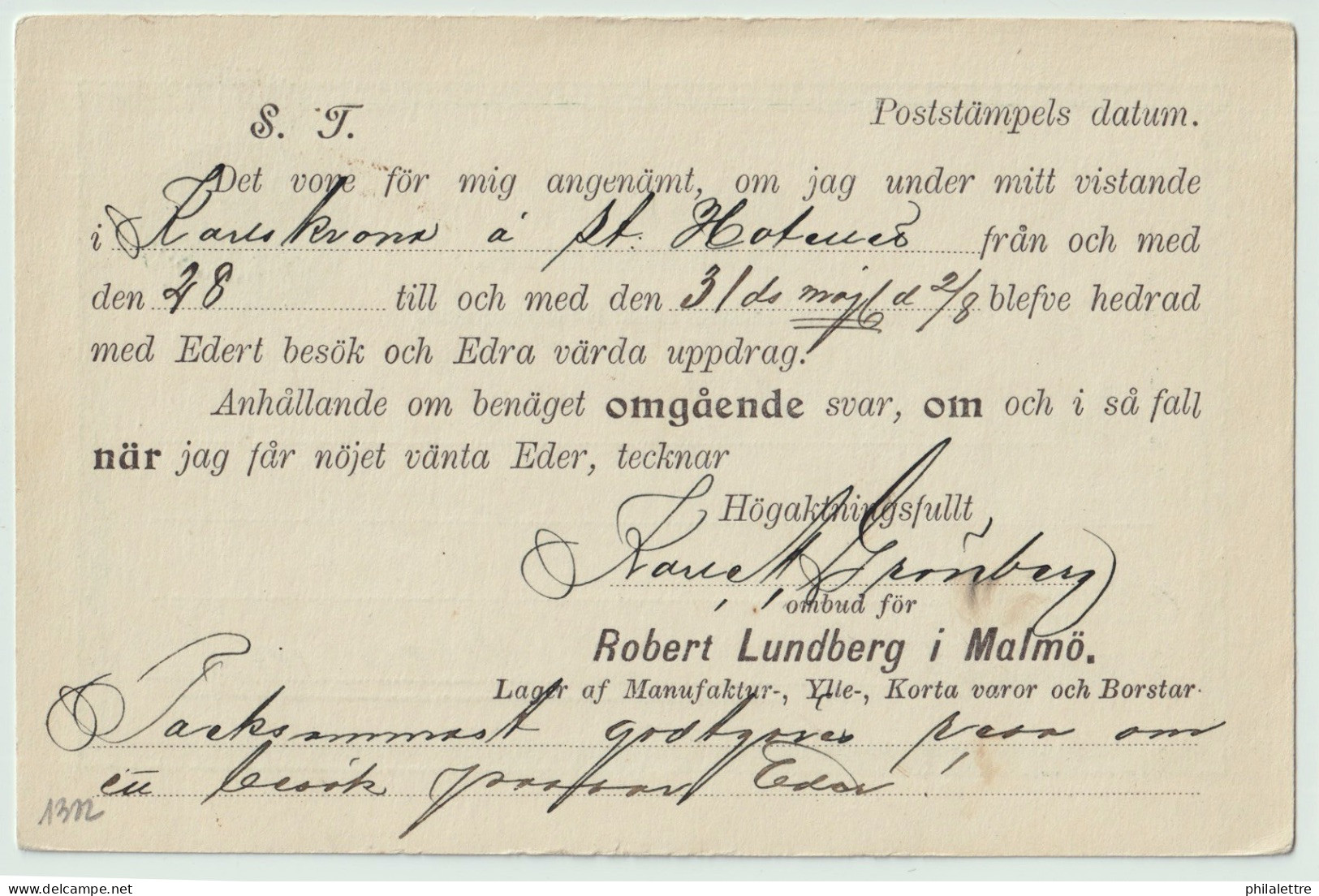 SUÈDE / SWEDEN - 1891 - "RONNEBY" CDS On 5ö Postal Card Mi.P12aF Addressed To Tving - Lettres & Documents