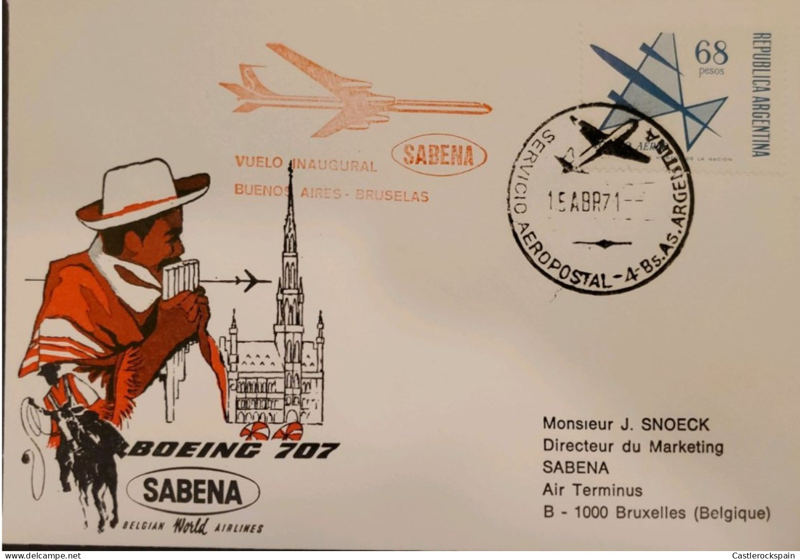 MI) 1971, ARGENTINA, INAUGURAL FLIGHT, FROM BUENOS AIRES TO BRUSSELS - BELGIUM, AIR MAIL, XF - Gebraucht