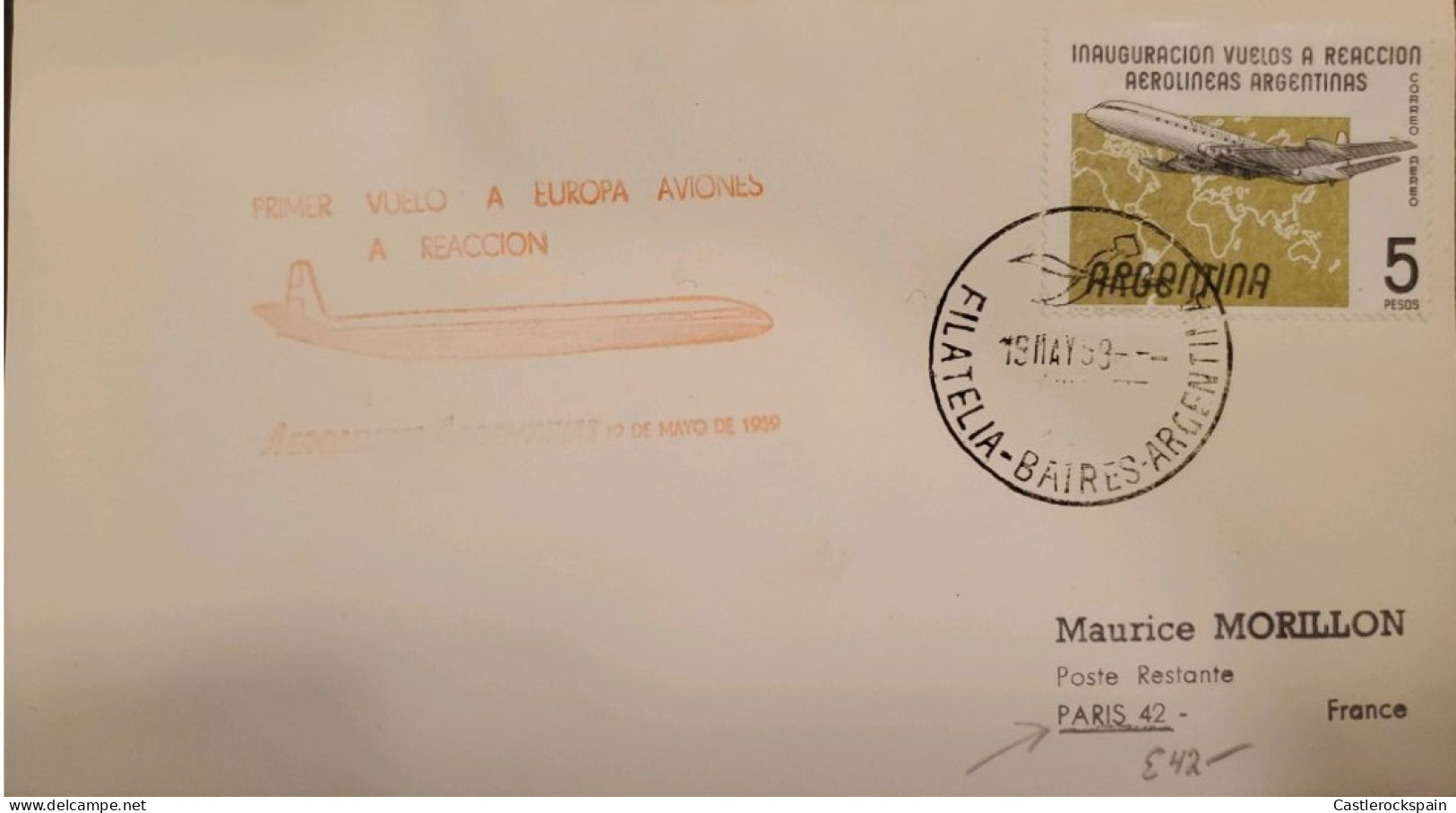 MI) 1958, ARGENTINA, FIRST FLIGHT TO EUROPE CANCELLATION, FROM BUENOS AIRES TO PARIS - FRANCE, AIR MAIL, XF - Usados