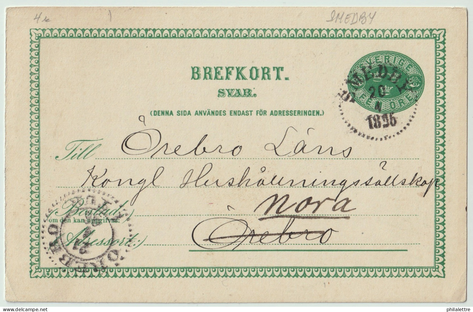 SUÈDE / SWEDEN - 1895 - "SMEDBY" CDS On 5ö Postal Card Mi.P12bA Addressed To Örebro, Re-directed To Nora - Covers & Documents